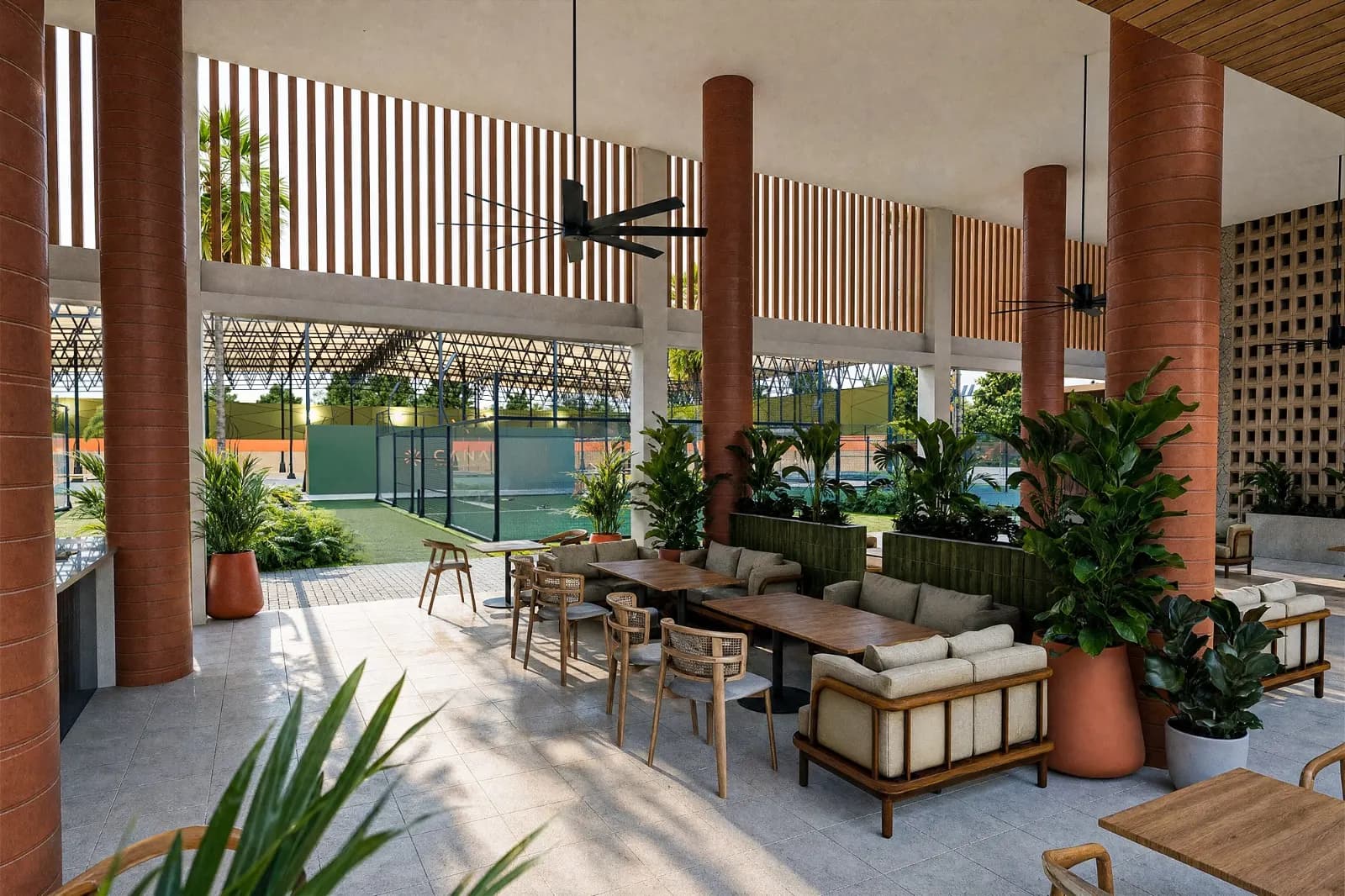 Main building lounge overlooking the courts